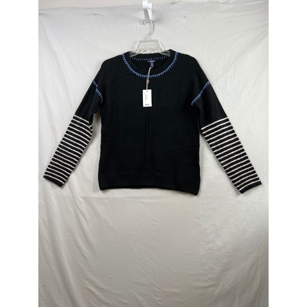 Hatley Avery Sweater Womens S Black Striped Sleeve Blue Stitch Soft Girlcore NEW